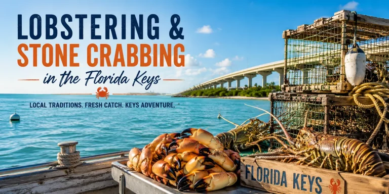 Florida Keys lobster and stone crab traps with fresh catch beside turquoise waters, highlighting lobstering and stone crabbing opportunities near Marathon and the Middle Keys.
