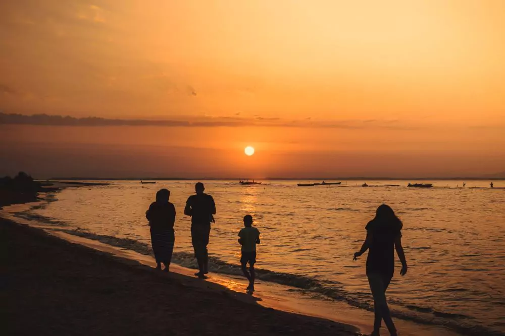 A family walk along the beach