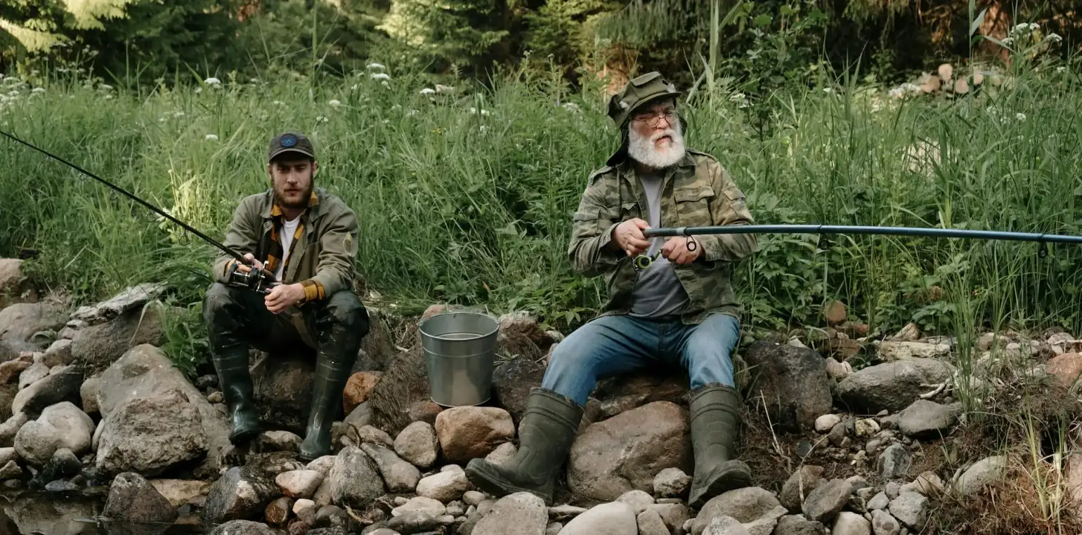 Two men fishing in a lake surrounded by a forest.