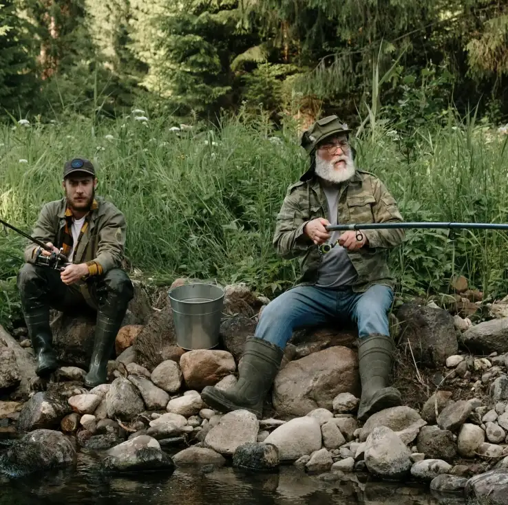 Two men fishing in a lake surrounded by a forest.