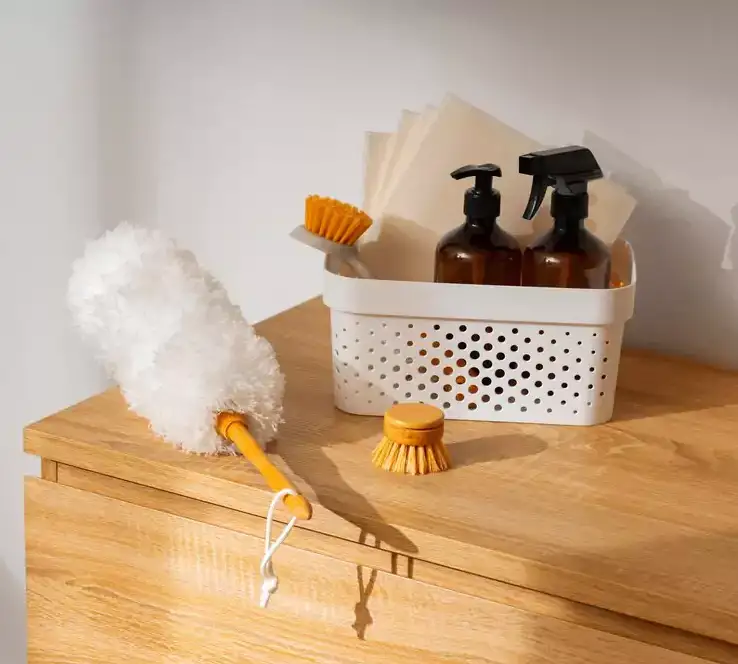 Cleaning supplies on a wooden surface.