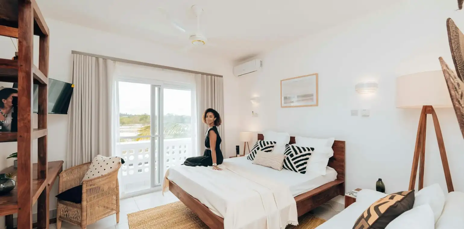 A stylish bedroom in a vacation rental.