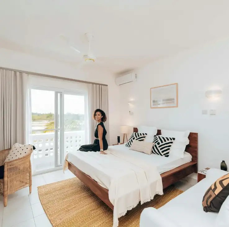 A stylish bedroom in a vacation rental.