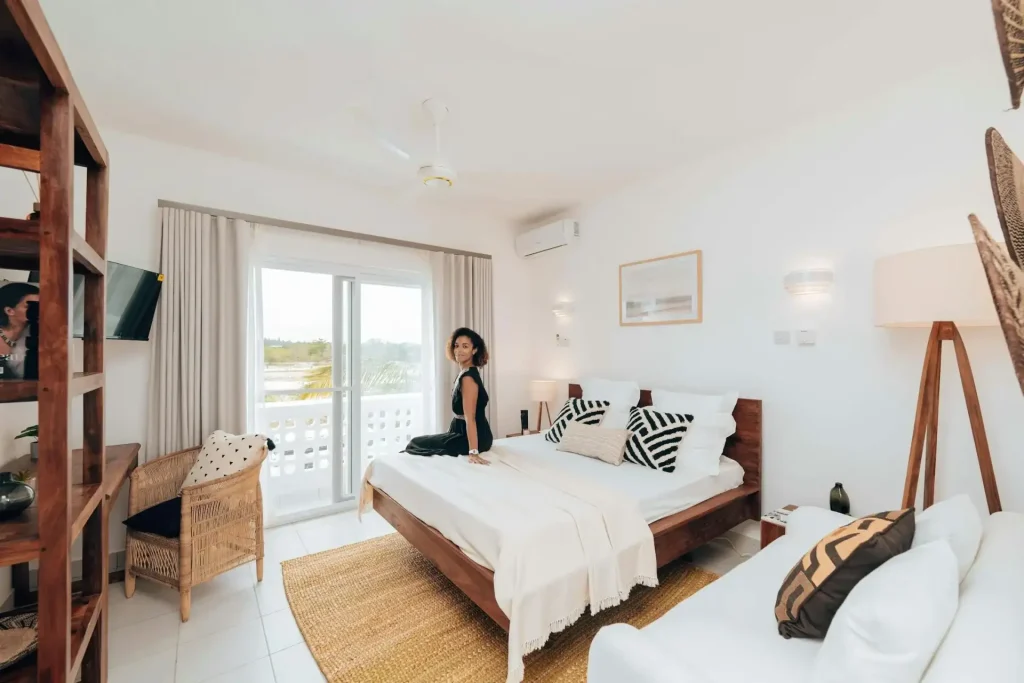 A stylish bedroom in a vacation rental.
