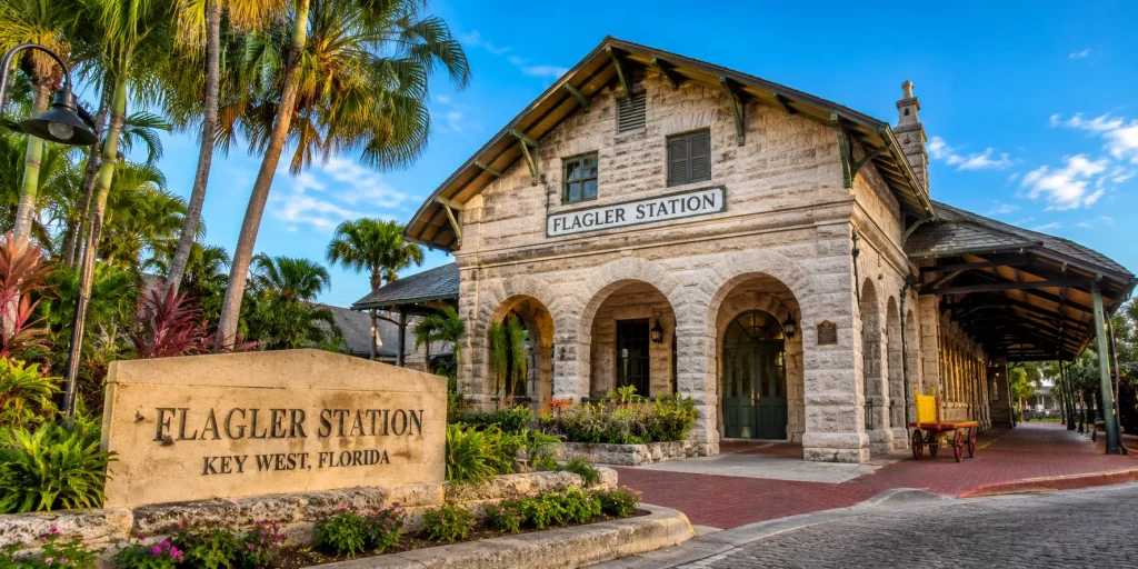 Historic Flagler Station in Key West, Florida, featuring the restored railroad depot built during Henry Flagler's Overseas Railroad era, surrounded by tropical landscaping.