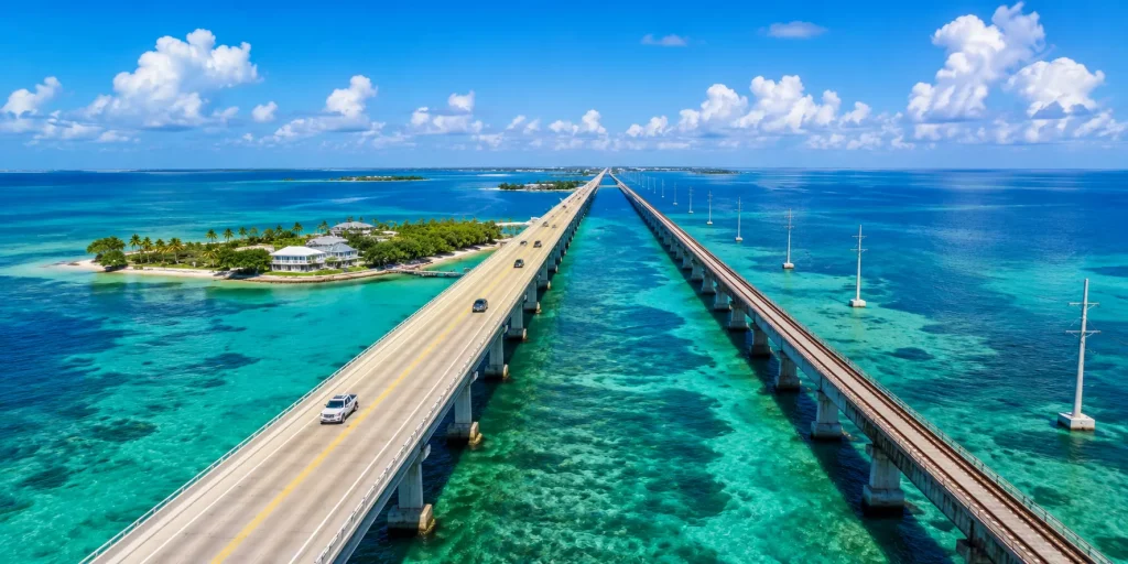 Aerial panoramic view of the Seven Mile Bridge in Marathon, Florida Keys, stretching across turquoise Gulf and Atlantic waters on a sunny day.