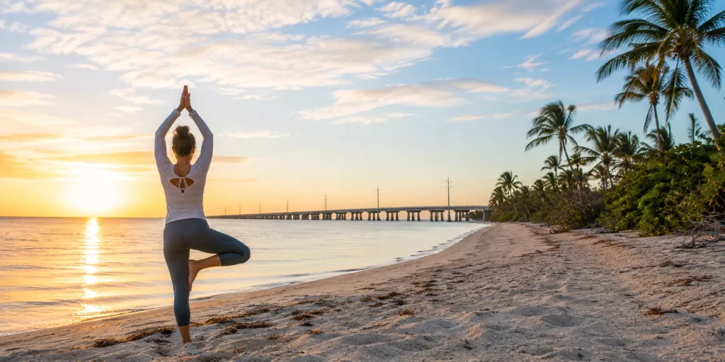 Woman practicing yoga on a quiet beach during a peaceful winter sunrise in Marathon, Florida Keys, with calm turquoise water and swaying palm trees.
