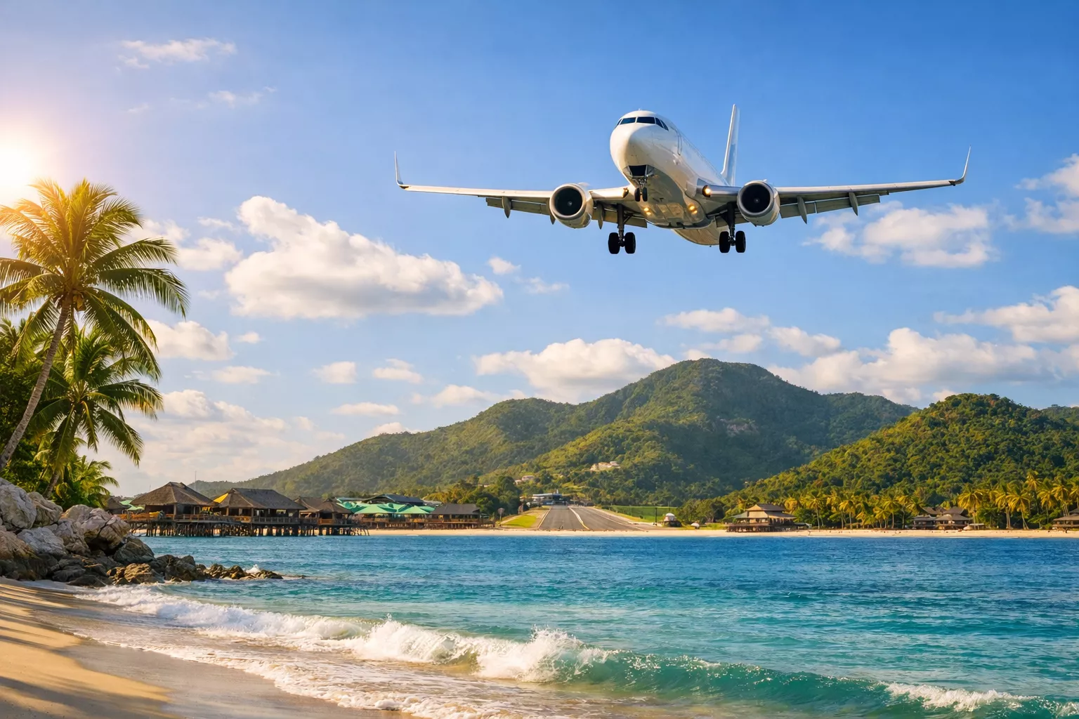 Wide view of airplane approaching tropical island with palm trees, turquoise ocean, and resort below Wide view of airplane approaching tropical island with palm trees, turquoise ocean, and resort below Wide view of airplane approaching tropical island with palm trees, turquoise ocean, and resort below a wide view of airplane arriving to tropical vacation destination with view of water and resort in the distance