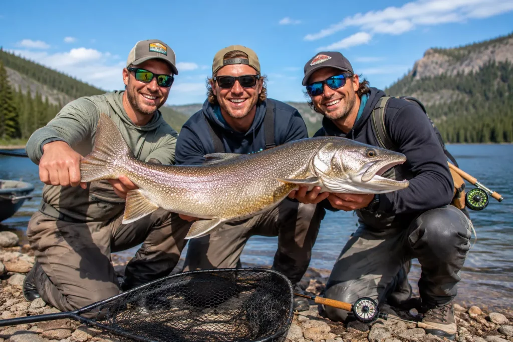 Three friends posing with a large fish after a successful fishing trip, celebrating their catch near the water while enjoying an outdoor fishing adventure.