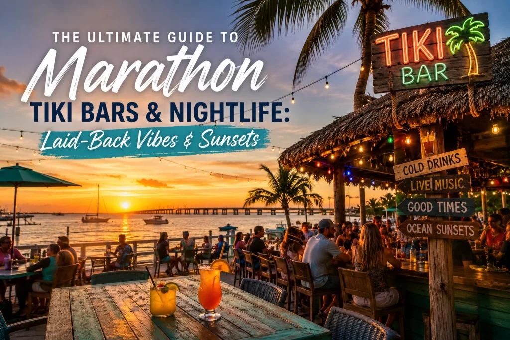 Waterfront tiki bar in Marathon, Florida Keys, at sunset with tropical cocktails, live music, palm trees, and guests enjoying the laid-back nightlife overlooking the Gulf.