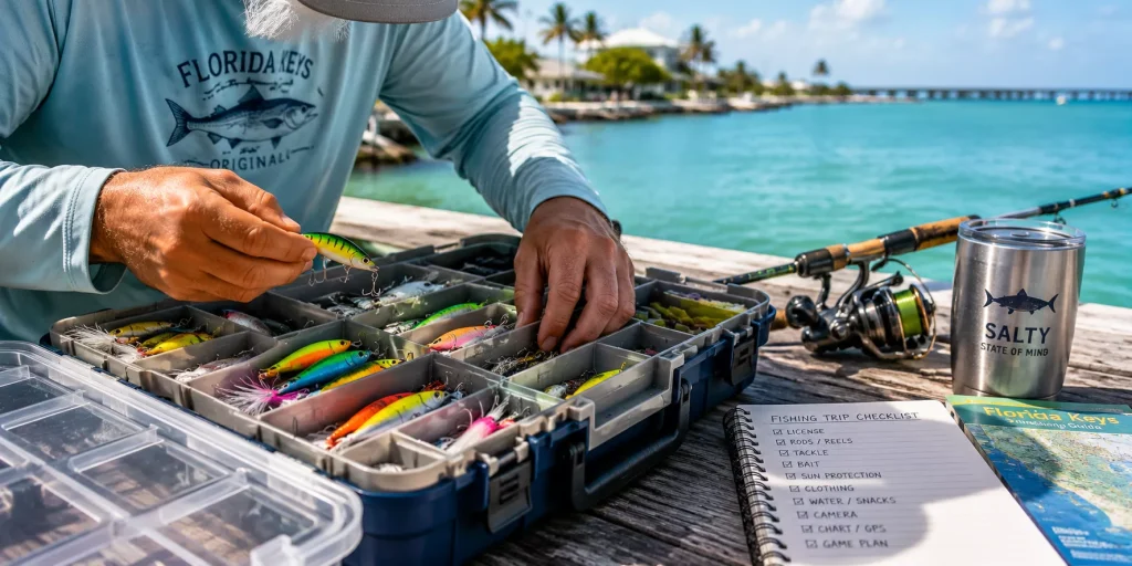 Angler organizing a fishing tackle box with colorful saltwater lures and fishing gear while preparing for a fishing trip in Marathon, Florida Keys.