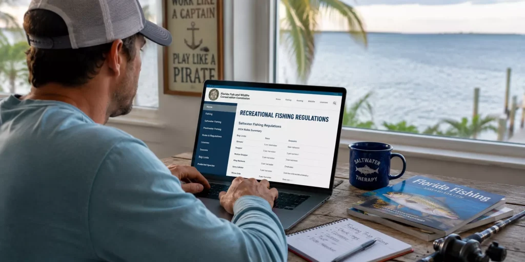 Man researching Florida Keys fishing regulations, licenses, seasons, and local fishing information on a laptop while planning a fishing trip to Marathon, Florida.