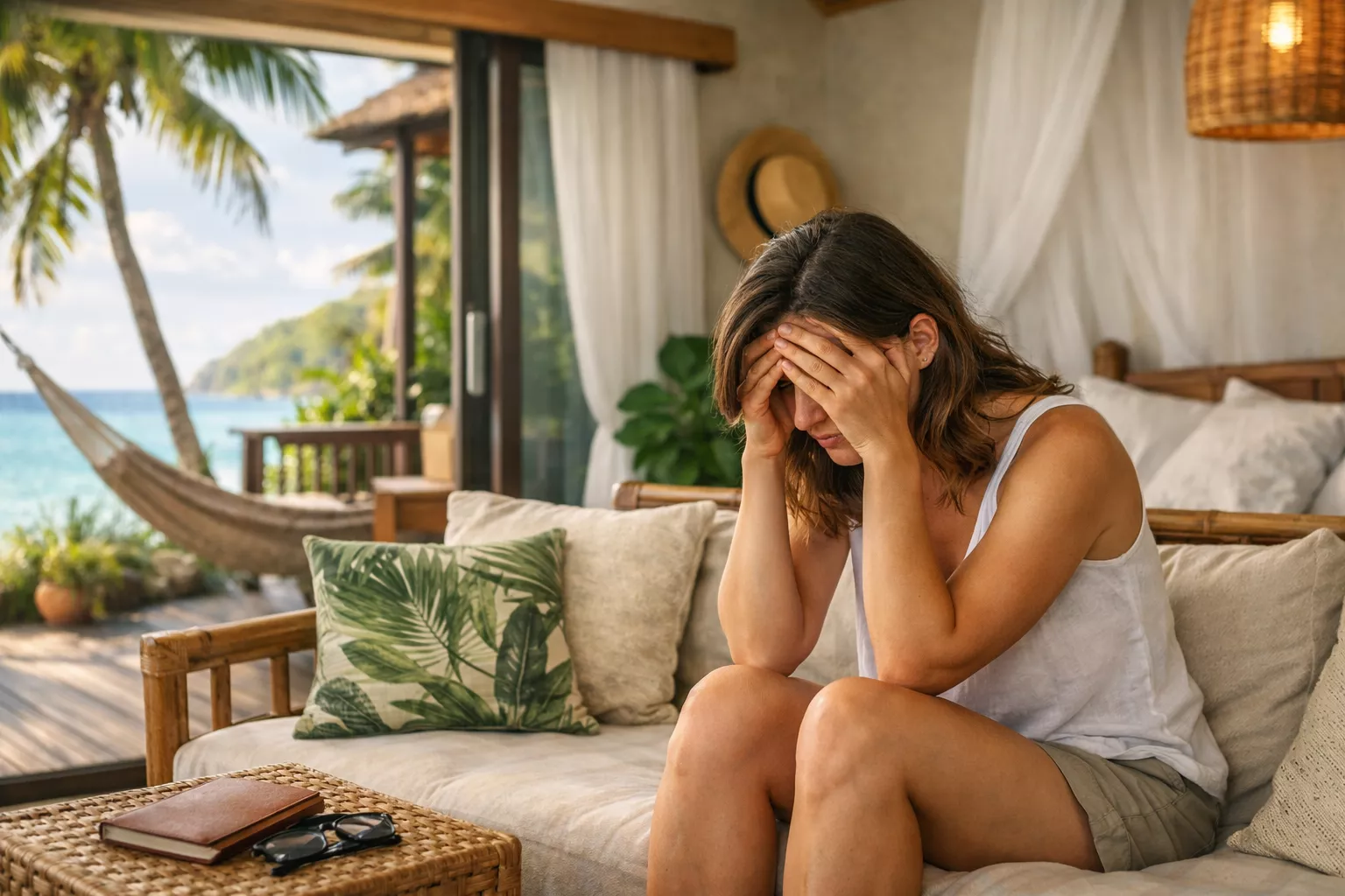 Woman sitting alone in tropical vacation rental looking sad with ocean view in background