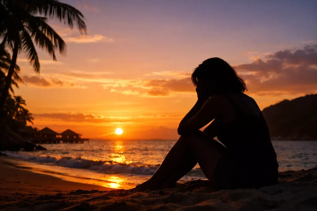 Silhouette of person sitting on sandy beach watching sunset over ocean with palm trees and golden sky