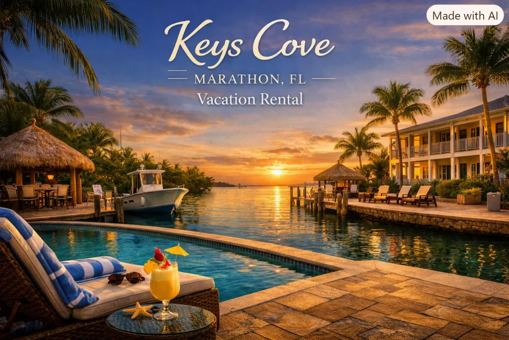 Sunset waterfront view of Keys Cove vacation rental in Marathon Florida with pool, dock, boats, and tropical palm trees