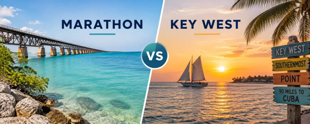 A day image of the 7-mile bridge in Marathon on he left side vs a sailboat with a setting sun in Key West on the right half of the image