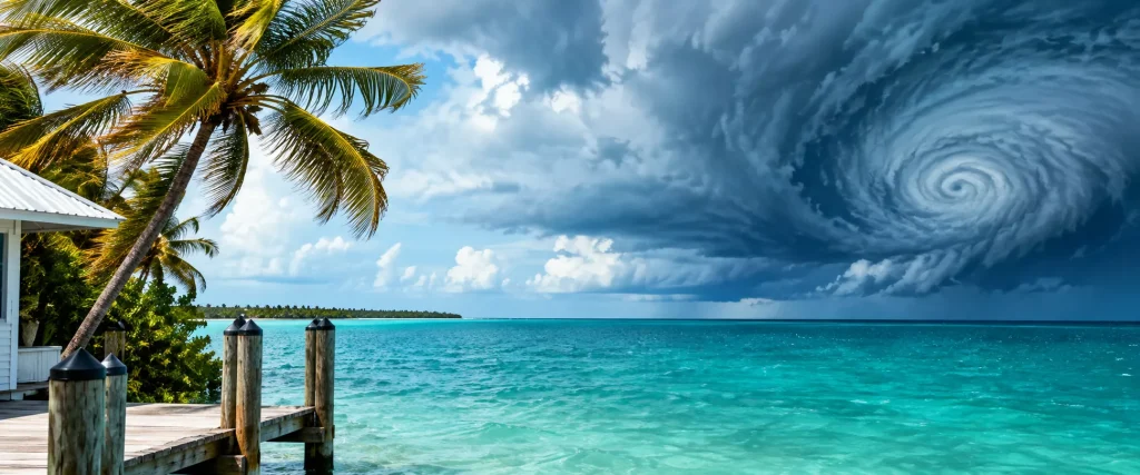 Florida Keys coastline with turquoise water, swaying palm trees, a private dock, and dramatic hurricane storm clouds approaching, illustrating hurricane season travel planning and weather preparedness in the Florida Keys.