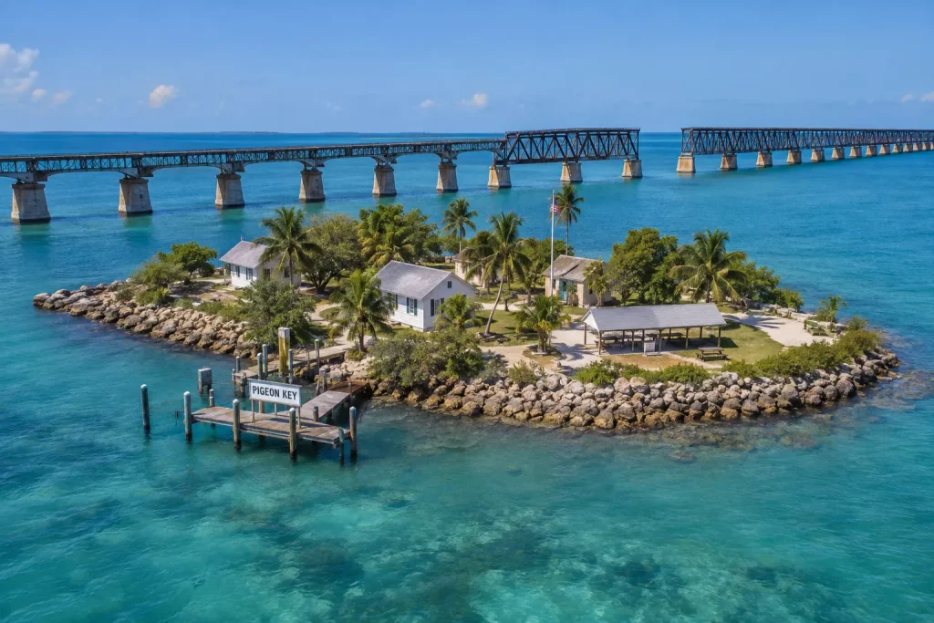 Aerial view of historic Pigeon Key in Marathon, Florida with its restored cottages surrounded by turquoise water and the Old Seven Mile Bridge in the background.